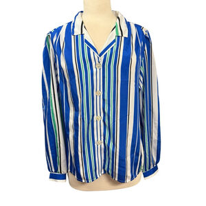 Vintage Lady Arrow Striped Button-Up Shirt Size L Blue